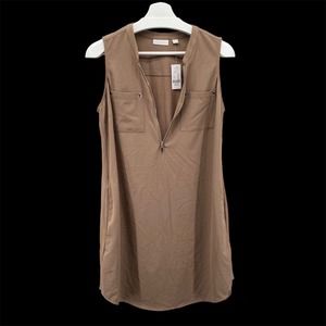 New York And Company Half Zip Sleeveless Shirt Dress Size Medium Brown